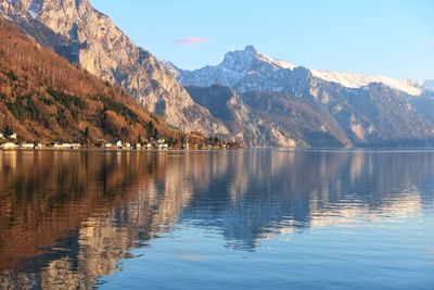 Scenic view of lake and mountains against sky