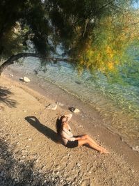 High angle view of woman shadow on tree at beach