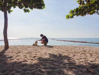 Rear view of woman sitting at beach against sky