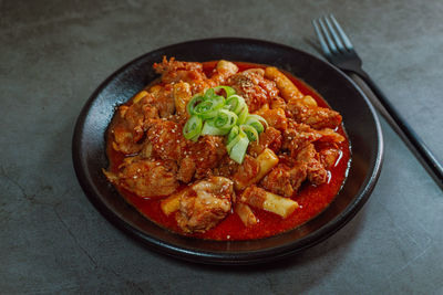 High angle view of food in plate