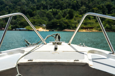 Beautiful view from a bow of yacht at the lake.