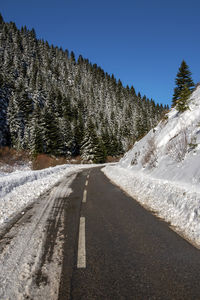 Road by trees against clear sky during winter