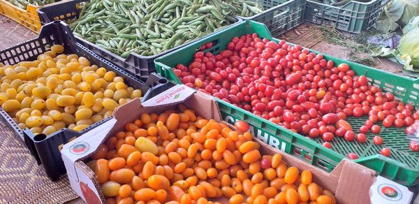 High angle view of fruits for sale at market stall