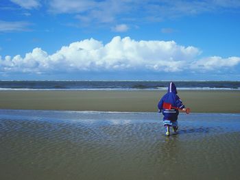 Rear view of man on beach against sky