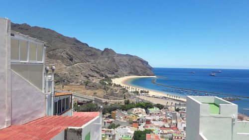 Scenic view of sea and buildings against clear blue sky