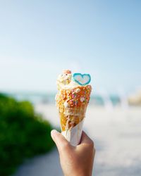 Happy scoop ice cream with the sea background.