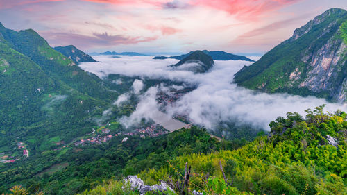 Scenic view of mountains against sky during sunset