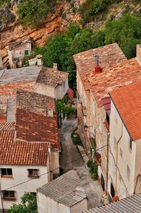 High angle view of old houses in town