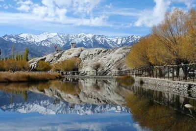 Scenic view of lake by snowcapped mountains against sky