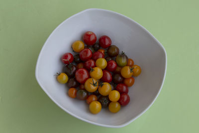 High angle view of tomatoes in bowl on table