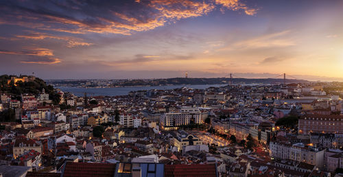 High angle view of townscape against sky during sunset