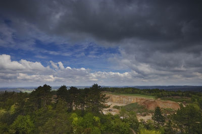 High angle view of trees on landscape against sky