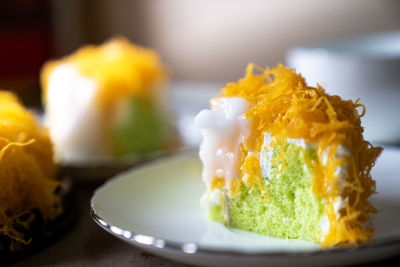 Close-up of cake in plate on table