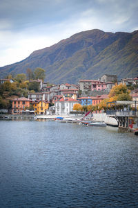 Scenic view of lake and buildings against sky