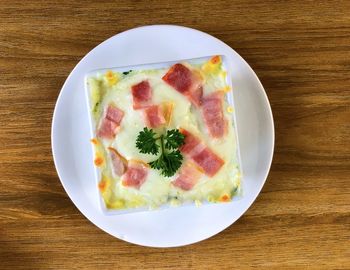 High angle view of breakfast served on table