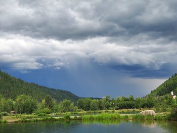 Scenic view of lake by trees against sky