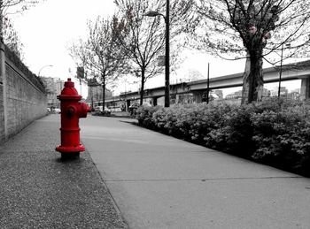 Red fire hydrant on road against sky