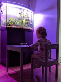 Portrait of child sitting on chair at home