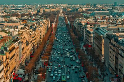 High angle view of street amidst buildings in city