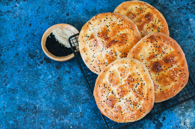 High angle view of bread in bowl on table