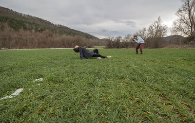 Model and photographer in the field.