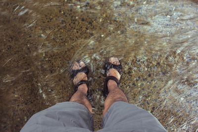 Low section of man standing in stream