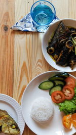 High angle view of food served on table