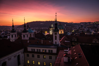 High angle view of townscape against sky at sunset
