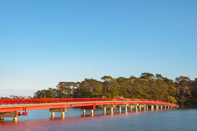 Bridge over river against clear blue sky