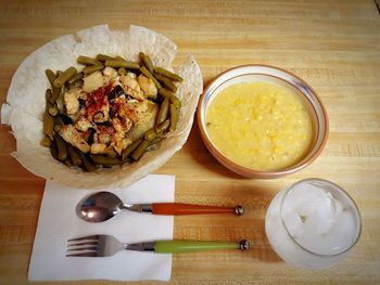 High angle view of meal served on table