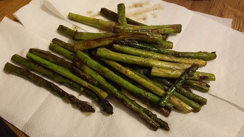 High angle view of vegetables in plate on table