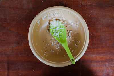 High angle view of soup in bowl on table