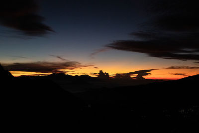 Silhouette landscape against dramatic sky during sunset