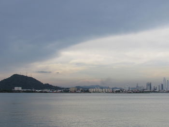 View of city by sea against sky