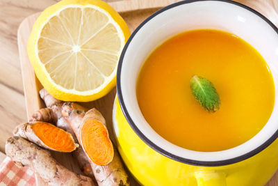 High angle view of lemon in bowl on table