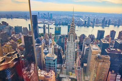 High angle view of cityscape against sky during sunset