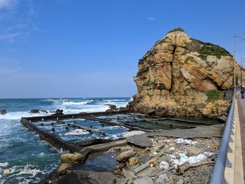 Rock formation on beach against blue sky
taiwan taipei keelung pacific ocean