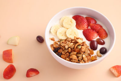 Close-up of strawberries in bowl on white background