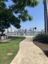 Footpath amidst trees and buildings against sky