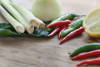 Close-up of chili peppers on table