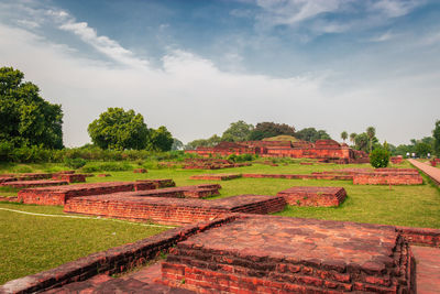 Nalanda ruins ancient historical archaeological site at day from flat angle