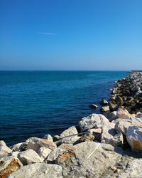 Scenic view of sea against clear blue sky