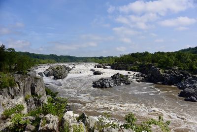 Scenic view of waterfall against sky