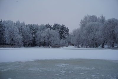 Snow covered field against clear sky