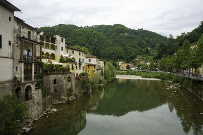 Buildings by lake