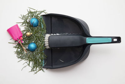 High angle view of christmas decoration on white background