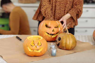 Close-up of jack o lantern on table