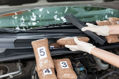 Cropped hand of person holding packet in car