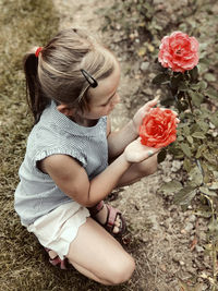 High angle view of girl holding rose flower on plant