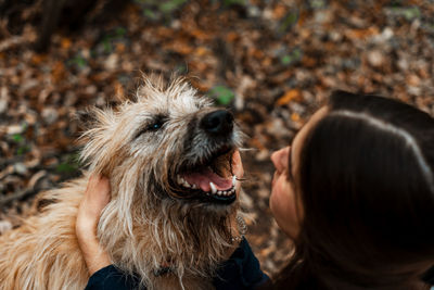 High angle view of woman with dog in park